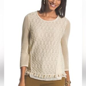 Chico’s Trisha Sweater Fringe Beaded 3/4 Sleeves Lace Textured Chiffon Size 3 XL